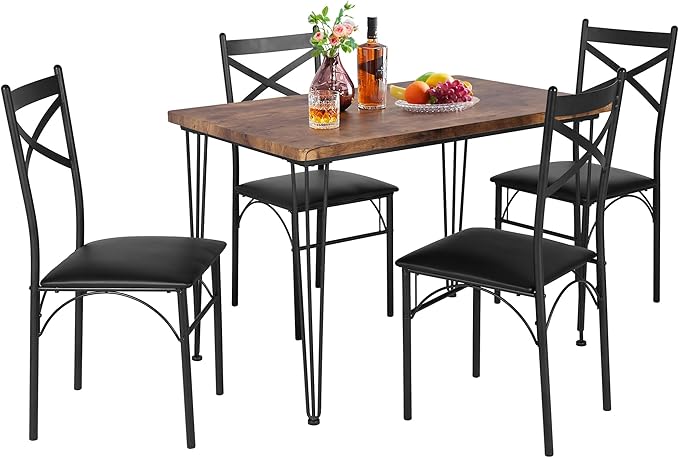 VECELO Kitchen Dining Room Table 4 Chairs for Small Space, Apartment,Metal Steel Frame, 5-Piece Set, Brown - LeafyLoom