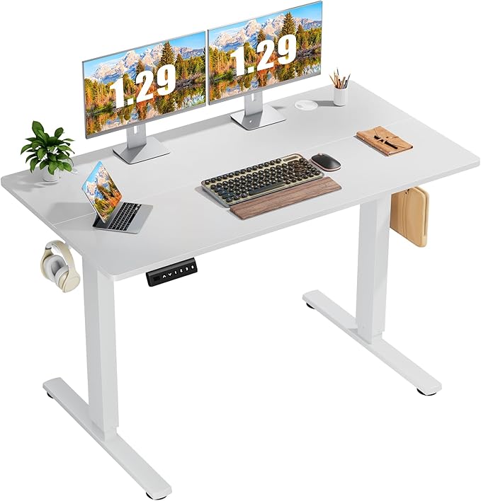 Sweetcrispy Standing Desk Adjustable Height, 48inch Electric Sit Stand up Desk for Home Office, Modern Rising Work Table for Computer Laptop, Lift Gaming Desk Sturdy Ergonomic Workstation, White - LeafyLoom