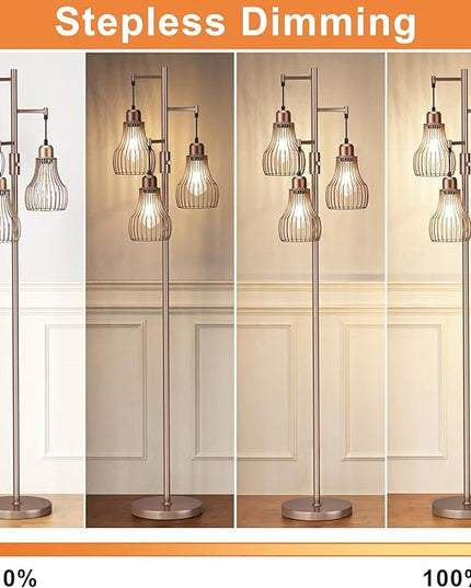 Dimmable Floor Lamps for Living Room, Industrial Tree Standing Tall Lamps with 3 Elegant Cage Shade & 800 Lumens LED Bulbs for Bedroom Office - Brown - LeafyLoom