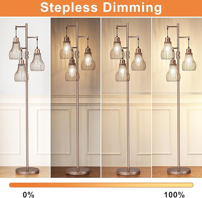 Dimmable Floor Lamps for Living Room, Industrial Tree Standing Tall Lamps with 3 Elegant Cage Shade & 800 Lumens LED Bulbs for Bedroom Office - Brown - LeafyLoom