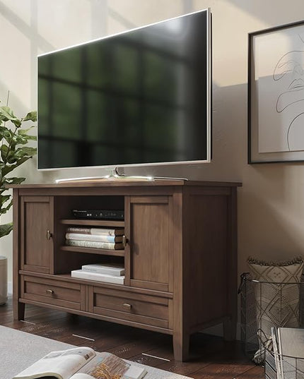 SIMPLIHOME Warm Shaker SOLID WOOD 47 Inch Wide Transitional TV Media Stand in Rustic Natural Aged Brown For TVs up to 50 Inches, For The Living Room and Entertainment Center - LeafyLoom