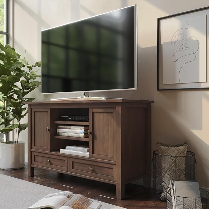 SIMPLIHOME Warm Shaker SOLID WOOD 47 Inch Wide Transitional TV Media Stand in Rustic Natural Aged Brown For TVs up to 50 Inches, For The Living Room and Entertainment Center - LeafyLoom