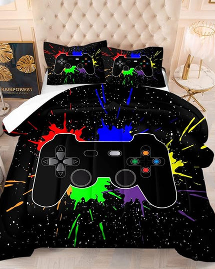 Game Console Comforter Set for Boys 3D Gaming Lightweight Microfiber Bedding Sets Black Gamer Printed Quilt Set Teens Room Decor - LeafyLoom
