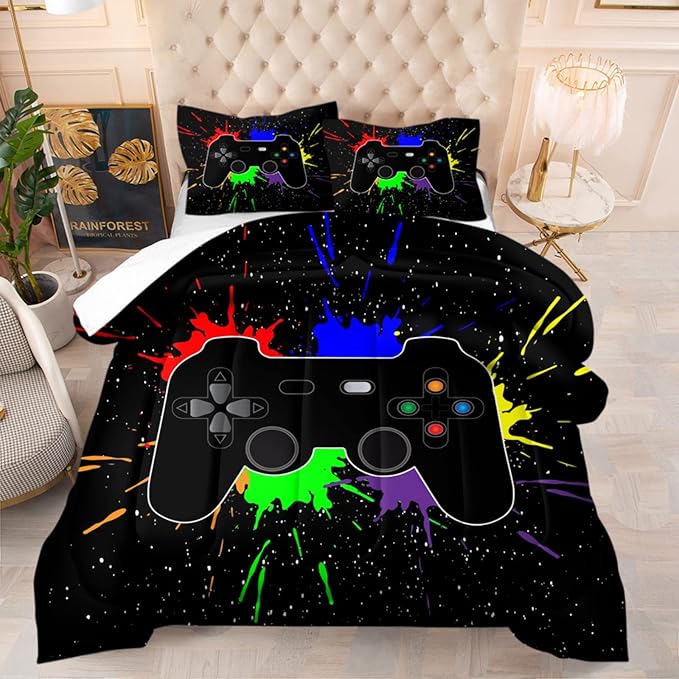 Game Console Comforter Set for Boys 3D Gaming Lightweight Microfiber Bedding Sets Black Gamer Printed Quilt Set Teens Room Decor - LeafyLoom