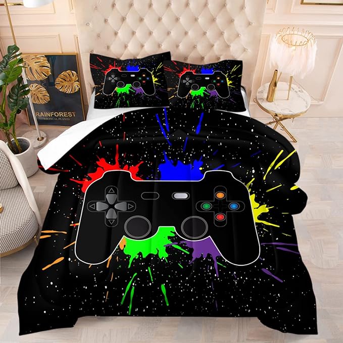 Game Console Comforter Set for Boys 3D Gaming Lightweight Microfiber Bedding Sets Black Gamer Printed Quilt Set Teens Room Decor - LeafyLoom