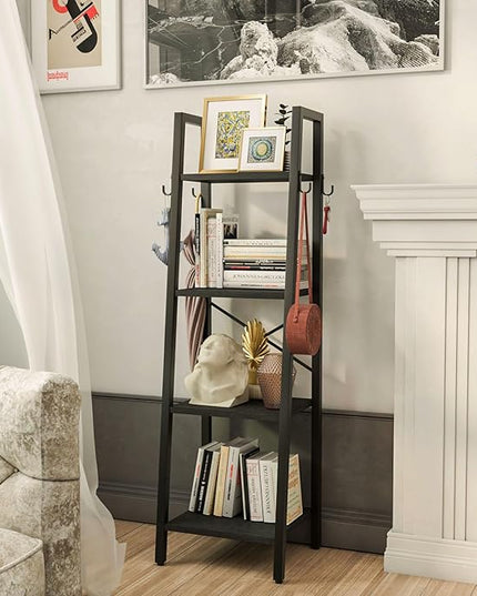 YMYNY 4 Tiers Ladder Bookcase, Industrial Narrow Bookshelf, Open Display Rack with 4 S Hooks, Metal Storage Shelves for Bedroom, Home Office, Living Room, Black, 49.2H*13.4L*11.8W, UHBC024B - LeafyLoom