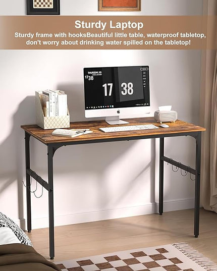 VECELO 44 Inch Computer Stable Writing Study Work 6 Hooks Adjustable Feet Wooden Desk for Home,Bedroom,Rusic Brown, 44Inches - LeafyLoom