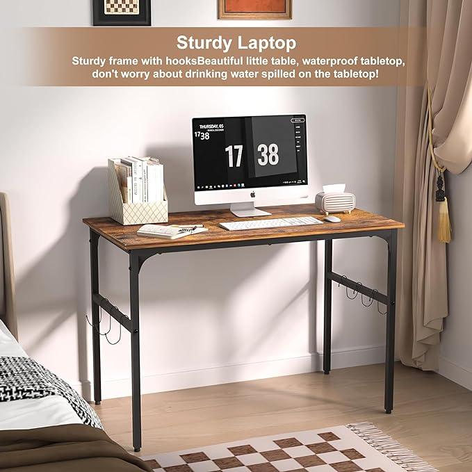 VECELO 44 Inch Computer Stable Writing Study Work 6 Hooks Adjustable Feet Wooden Desk for Home,Bedroom,Rusic Brown, 44Inches - LeafyLoom