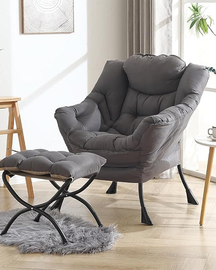 Welnow Lazy Chair with Ottoman, Modern Lounge Accent Chair with Armrests and a Side Pocket, Leisure Upholstered Sofa Chair Reading Chair with Footrest for Small Space, Corner Chair, Dark Grey - LeafyLoom