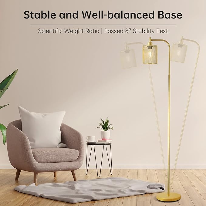 BoostArea Industrial Gold Floor Lamp, 67 Inch LED Standing Lamp with Iron Mesh Lampshade, 6W Brass Stand Up Lamp for Living Room, Bedroom, Office, Den - LeafyLoom