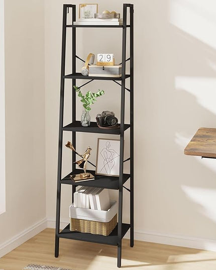 Ladder Shelf, Bookshelf Bookcase, Freestanding Corner Storage Shelve with 2 Hooks for Home Office, Living Room, Kitchen, Bedroom, Industrial, 5-Tier Black BC19204B - LeafyLoom