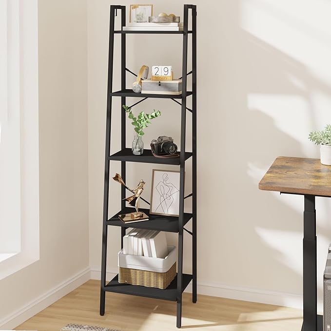 Ladder Shelf, Bookshelf Bookcase, Freestanding Corner Storage Shelve with 2 Hooks for Home Office, Living Room, Kitchen, Bedroom, Industrial, 5-Tier Black BC19204B - LeafyLoom