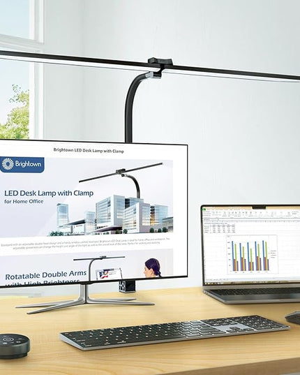Brightown LED Desk Lamp for Office Home, 24W Double Head Architect Desk Lamp with Clamp, Remote Control, Hand Sweep Switch, Stepless Lighting, Flexible Gooseneck Dimming Table Light - LeafyLoom