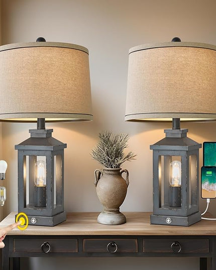 23.75" Farmhouse USB A+C Charging Ports 3-Way Dimmable Touch Control Table Lamp with Nightlight Vintage Modern Lamps for Living Room Bedroom - LeafyLoom