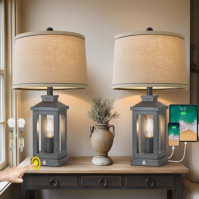 23.75" Farmhouse USB A+C Charging Ports 3-Way Dimmable Touch Control Table Lamp with Nightlight Vintage Modern Lamps for Living Room Bedroom - LeafyLoom