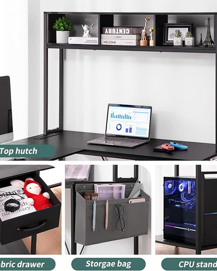 Yoobure L Shaped Desk Gaming Desk with LED Strip & Power Outlet, Reversible L-Shaped Computer Desk with Drawer, Corner Desk with Storage Shelf, 2 Person Home Office Desk, Carbon Fiber Black - LeafyLoom