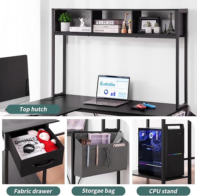 Yoobure L Shaped Desk Gaming Desk with LED Strip & Power Outlet, Reversible L-Shaped Computer Desk with Drawer, Corner Desk with Storage Shelf, 2 Person Home Office Desk, Carbon Fiber Black - LeafyLoom