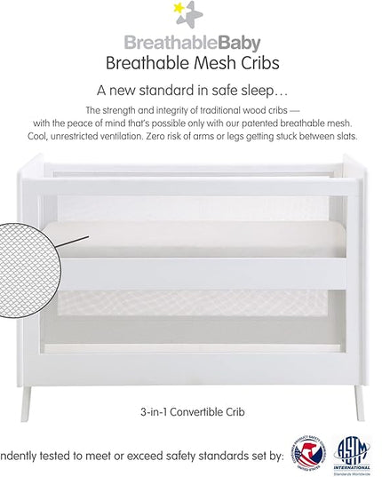 BreathableBaby Breathable Mesh 3-in-1 Convertible Crib (Toddler Bed Kit Sold Separately) — White — Two Adjustable Mattress Heights — Greenguard Gold Certified - LeafyLoom