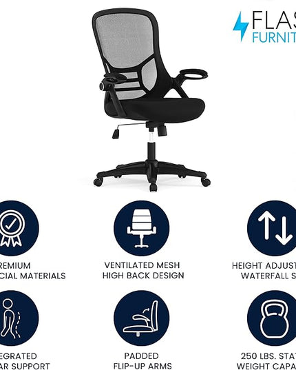 Flash Furniture Porter High Back Black Mesh Ergonomic Swivel Office Chair with Black Frame and Flip-up Arms - LeafyLoom