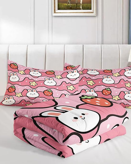 Kawaii Rabbit Comforter,Strawberry Rabbit Comforter Set for Kids Teens Girls,3Pcs Bedding Set Printed Comforter with 2 Pillowcases,Down Alternative,Soft and Lightweight(Pink，Full Size) - LeafyLoom