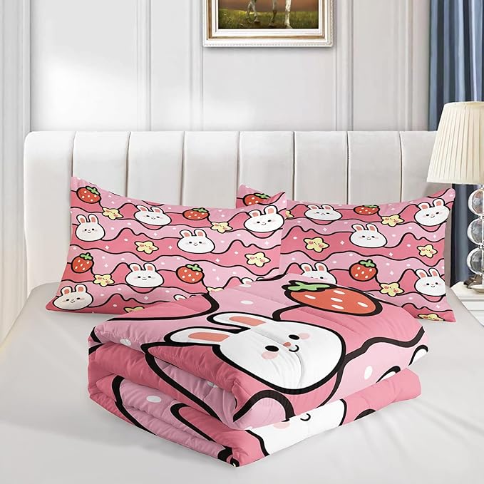 Kawaii Rabbit Comforter,Strawberry Rabbit Comforter Set for Kids Teens Girls,3Pcs Bedding Set Printed Comforter with 2 Pillowcases,Down Alternative,Soft and Lightweight(Pink，Full Size) - LeafyLoom