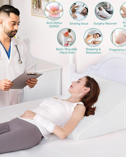 Bed Wedge Pillow for After Surgery Premium 7.5" Wedge Pillow for Sleeping with Memory Foam Top, Triangle Pillow Wedge for Acid Reflux Snoring Post Surgery Leg Elevation Back & Knee Pain Relief -White - LeafyLoom