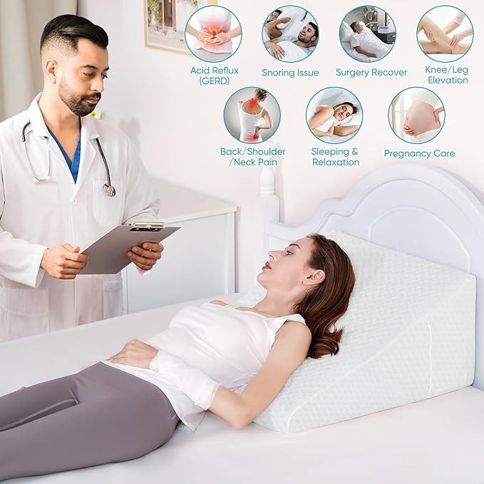 Bed Wedge Pillow for After Surgery Premium 7.5" Wedge Pillow for Sleeping with Memory Foam Top, Triangle Pillow Wedge for Acid Reflux Snoring Post Surgery Leg Elevation Back & Knee Pain Relief -White - LeafyLoom