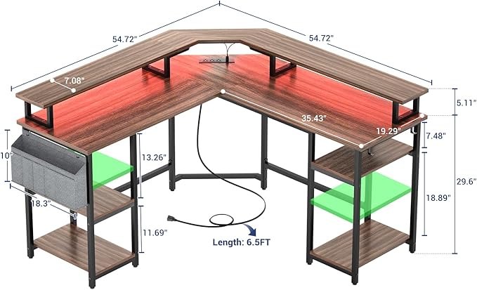 Aheaplus L Shaped Gaming Desk with Power Outlets & LED Lights, L- Shaped Desk Computer Corner Desk with Monitor Stand and Storage Shelf, Home Office Desk Writing Desk with Storage Bag, Espresso - LeafyLoom