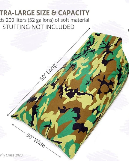 Butterfly Craze Bean Bag Chair Cover, Functional Toddler Toy Organizer, Fill with Stuffed Animals to Create a Jumbo, Comfy Floor Lounger for Boys or Girls, Stuffing Not Included, Camo - LeafyLoom