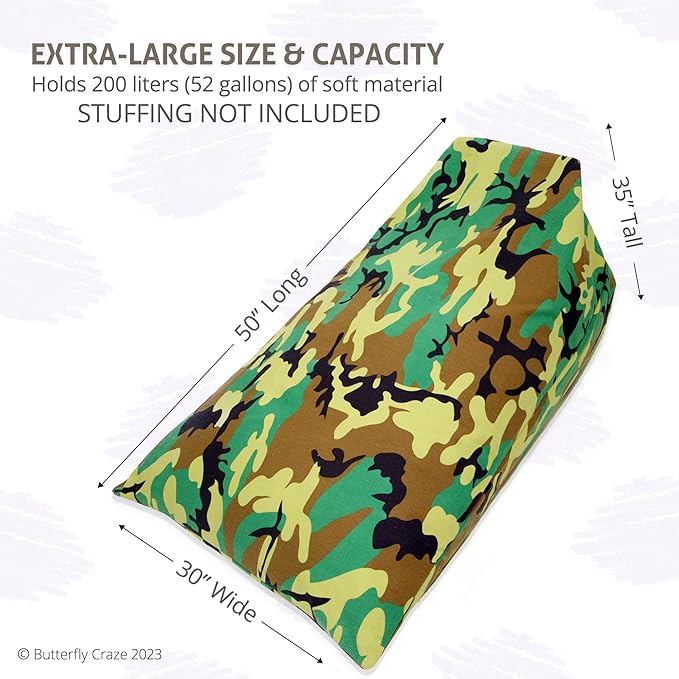Butterfly Craze Bean Bag Chair Cover, Functional Toddler Toy Organizer, Fill with Stuffed Animals to Create a Jumbo, Comfy Floor Lounger for Boys or Girls, Stuffing Not Included, Camo - LeafyLoom