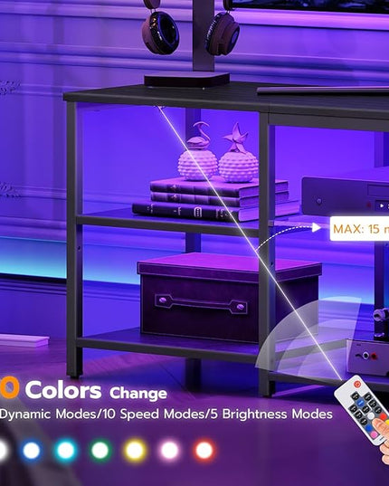 HOOBRO LED TV Stand for 65 Inch TVs with Charging Station, Gaming Entertainment Center with 3-Tier Open Storage, Long Media TV Console Table, TV Stand for Living Room, Bedroom, Black BB20UDDS01 - LeafyLoom