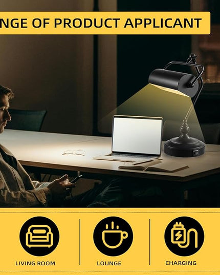 CONCA Classic Antique Touch Adjustable LED Desk Lamp, Bank Lamp, Piano Lamp, Eye Protection Table Lamp with Output Charging Port (Bulb Included in Package) (Black) - LeafyLoom
