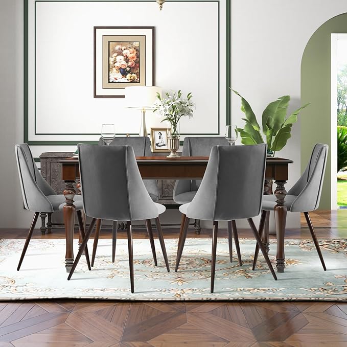 FurnitureR Dining Chairs Set of 2, Mid Century Side Chairs Large & Super Soft Velvet Seat Back Metal Legs for Kitchen, Dining Room, Bedroom, Living Room, Grey - LeafyLoom