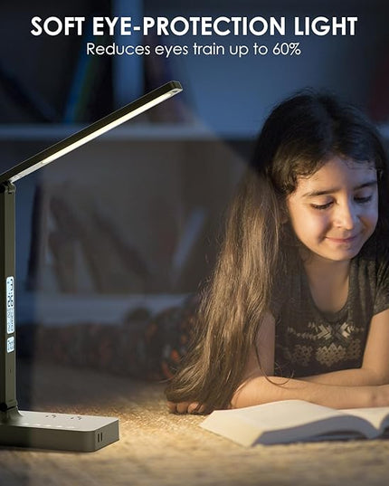 Desk Lamp with USB Charging Port: LED Eye-Caring Smart Table light for Home Office - 1 Type-C, 1 USB-A Charging Port, 2 AC Power Outlets. - LeafyLoom