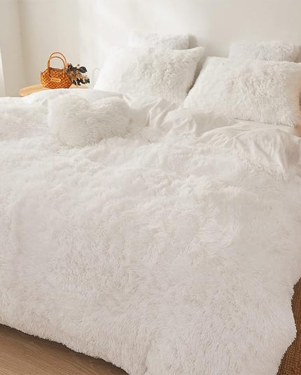 FOPPA Luxury Faux Fur Comforter Cover Set Ultra Soft Plush Bedding Sets 3 Pieces (1 Faux Fur Duvet Cover + 2 Faux Fur Pillow case) Zipper (White, Queen) - LeafyLoom