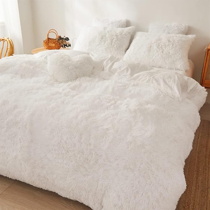 FOPPA Luxury Faux Fur Comforter Cover Set Ultra Soft Plush Bedding Sets 3 Pieces (1 Faux Fur Duvet Cover + 2 Faux Fur Pillow case) Zipper (White, Queen) - LeafyLoom