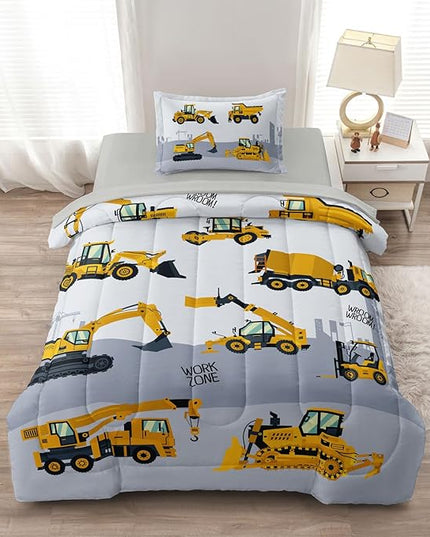 4-Pcs Construction Twin Size Boys Bedding Set, Kids Comforter Set for Teens with Sheets and Pillowcase, Soft Grey Tractor Cars Bed in a Bag Sets - LeafyLoom
