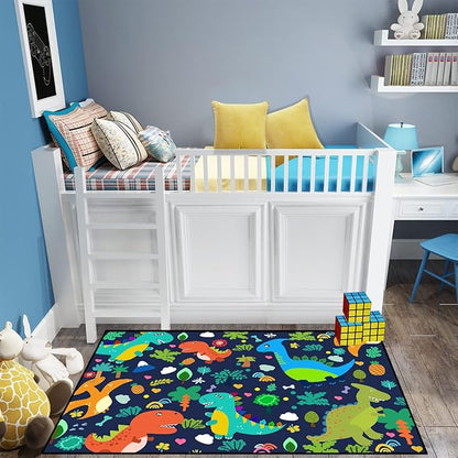 Dinosaur Rugs for Boys Bedroom Cute Dinosaur Area Rug and Leaves Print Dinosaur Rug Kids Rug Play Rug Dinosaur Carpets Cartoon Rug for Playroom Classroom,Blue 4'5''×6' - LeafyLoom