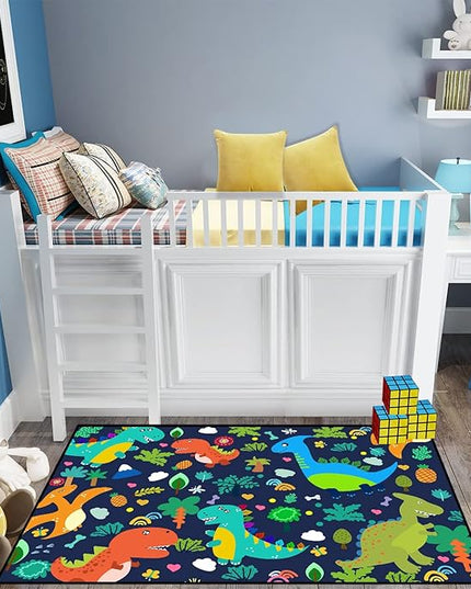 Dinosaur Rugs for Boys Bedroom Cute Dinosaur Area Rug and Leaves Print Dinosaur Rug Kids Rug Play Rug Dinosaur Carpets Cartoon Rug for Playroom Classroom,Blue 4'×5' - LeafyLoom