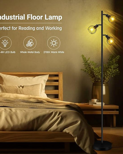 Floor Lamp, Industrial Floor Lamp, Modern Standing lamp with 3 Adjustable Light, 4W E12 LED Bulbs, Metal Stand Up Lamps, Vintage Farmhouse Tree Floor Lamps for Living Room/Bedroom/Office, Black - LeafyLoom