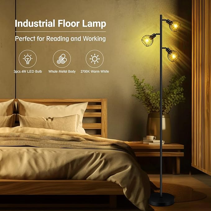 Floor Lamp, Industrial Floor Lamp, Modern Standing lamp with 3 Adjustable Light, 4W E12 LED Bulbs, Metal Stand Up Lamps, Vintage Farmhouse Tree Floor Lamps for Living Room/Bedroom/Office, Black - LeafyLoom