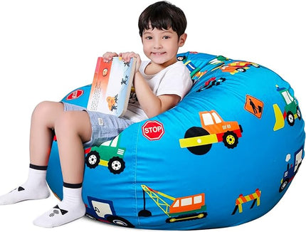 Lukeight Stuffed Animal Storage Bean Bag Chair Cover for Kids, Zipper Beanbag Chair Cover for Organizing Toddler & Kids' Rooms Plush Toys (Construction Velvet, Large) - LeafyLoom