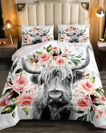 Erosebridal Highland Cow Flower Comforter Set Full Size Bull Cattle Western Funny Animal Bedding Set Wildlife Farmhouse Cow Quilt Set Rose Grey Marble - LeafyLoom