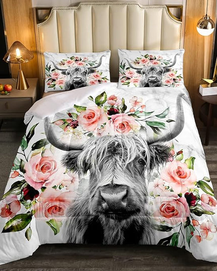 Erosebridal Highland Cow Flower Comforter Set Queen Size Bull Cattle Bedding Set Western Funny Animal Bedding Set Wildlife Farmhouse Cow Quilt Set Rose Grey Marble Comforter Set - LeafyLoom