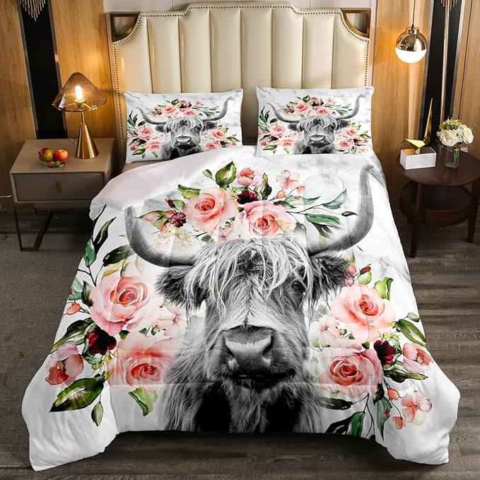 Erosebridal Highland Cow Flower Comforter Set Twin Size Bull Cattle Bedding Set Western Funny Animal Bedding Set Wildlife Farmhouse Cow Quilt Set Rose Grey Marble Comforter Set - LeafyLoom