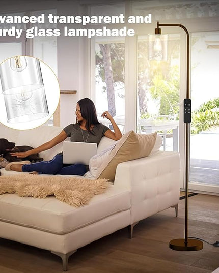 PAZZO LED Floor Lamp, Industrial Standing Lamp with Glass Lampshade, Ideal for Living Room, Bedroom, and Office,Brown(includes Remote Control) - LeafyLoom