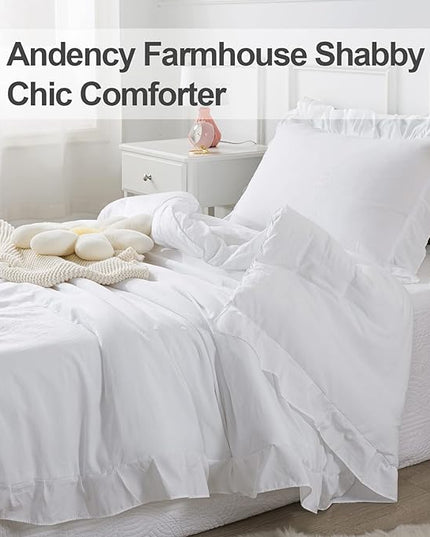 Andency White Comforter Twin Size, 2 Pieces Solid Farmhouse Shabby Chic Ruffle Bedding Comforters & Sets, All Season Soft Lightweight Fluffy Bed Set for Kids Girls Teens - LeafyLoom