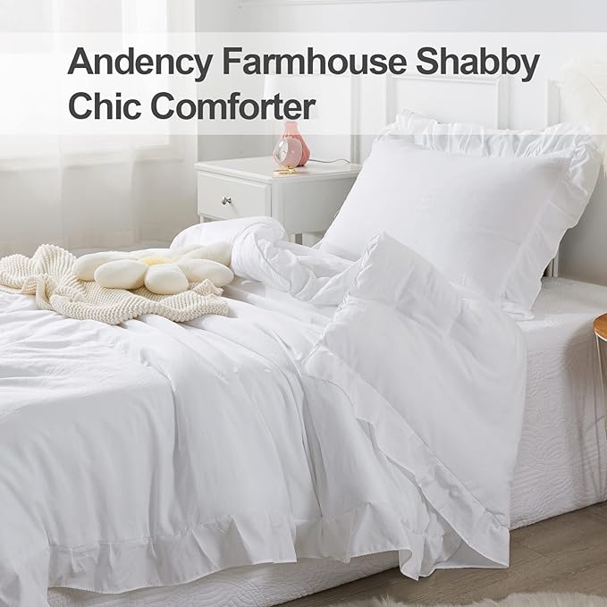 Andency White Comforter Twin Size, 2 Pieces Solid Farmhouse Shabby Chic Ruffle Bedding Comforters & Sets, All Season Soft Lightweight Fluffy Bed Set for Kids Girls Teens - LeafyLoom