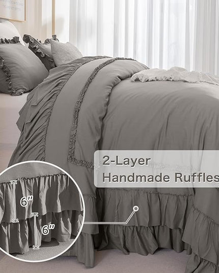 Grey Oversized King Comforter 120x120,Farmhouse Shabby Boho Chic Gray Ruffled California King Comforter Oversized,Vintage French Country Bedding Comforter with Ruffles for All Season - LeafyLoom