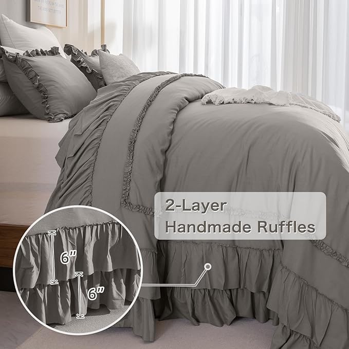 Grey Oversized King Comforter 120x120,Farmhouse Shabby Boho Chic Gray Ruffled California King Comforter Oversized,Vintage French Country Bedding Comforter with Ruffles for All Season - LeafyLoom